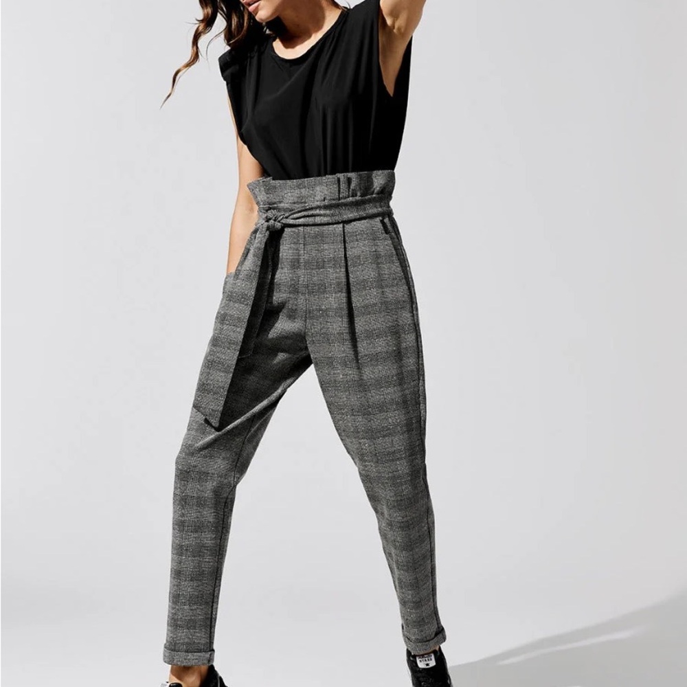 Ona High-Waisted Plaid Paperbag Pants - Grey Plaid